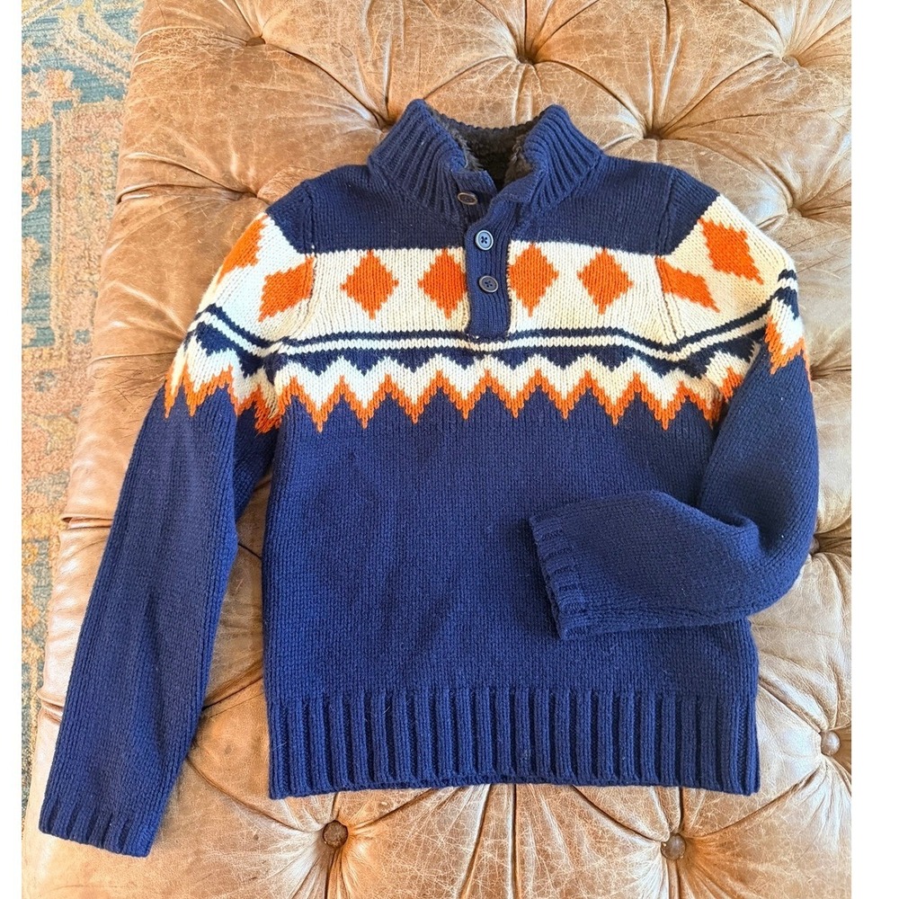 Mini Boden Boys Navy Blue Orange Fair Isle Lambswool Blend Sweater Size 9-10Y